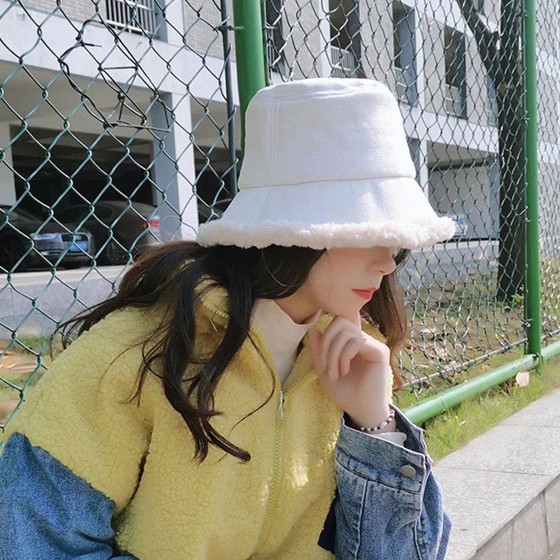 Женская Зимняя шерстяная Панама, одноцветная японская Корейская K Pop Толстая Флисовая теплая Панама для рыбалки, винтажная меховая Складная Милая Панама
