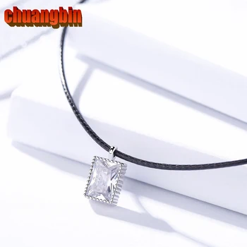 

Genuine S925 Sterling Silver Geometric Necklace Female Model Rectangle Inlaid Zircon Pendant Black Leather Cord Clavicle Chain