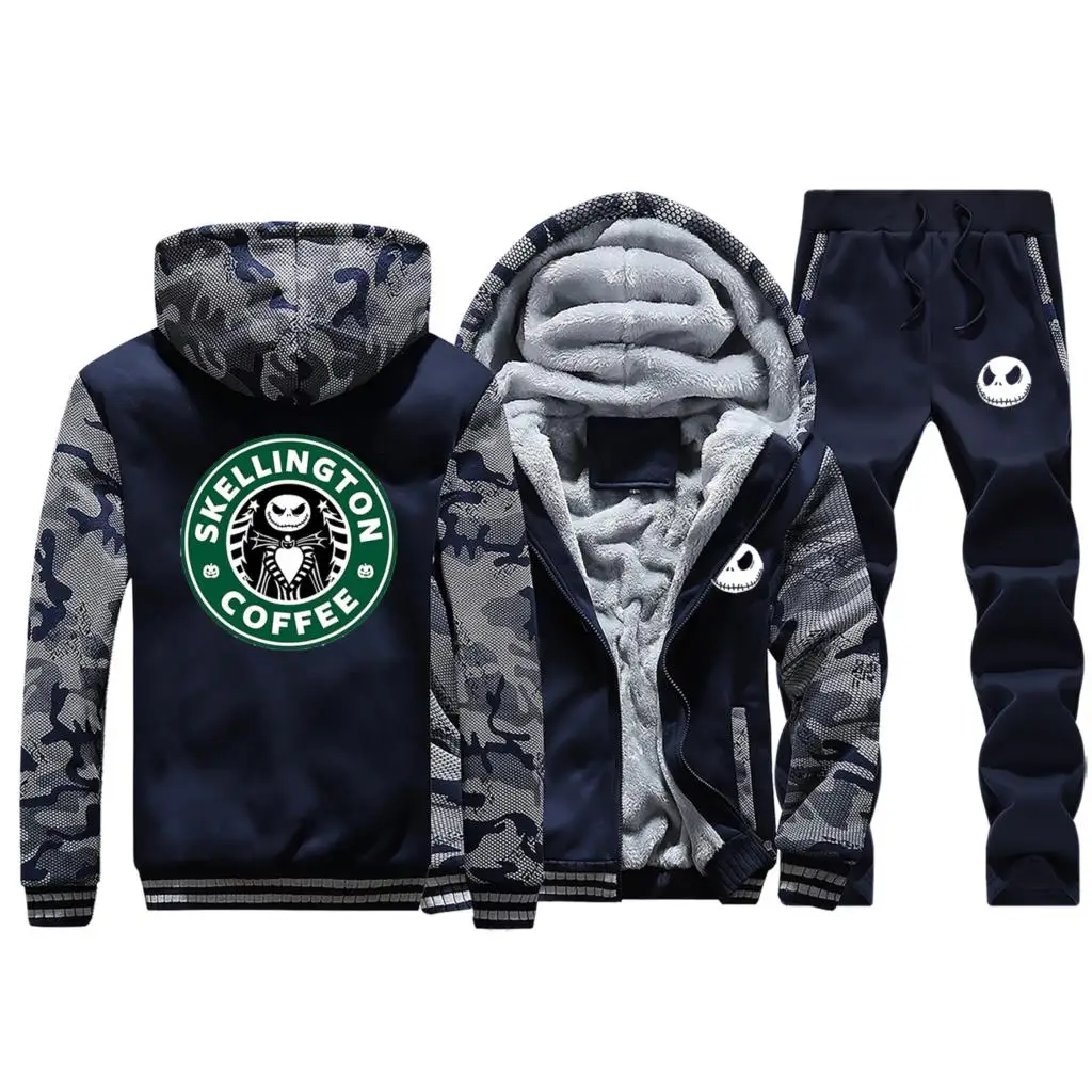 Новинка зимы, спортивная одежда Jack coffee The Night, теплые куртки с капюшоном, мужской Камуфляжный костюм, плотная куртка+ спортивные штаны, комплект из 2 предметов - Цвет: Dark Blue