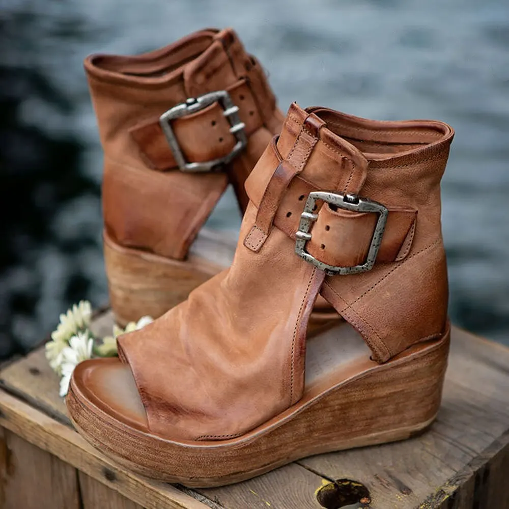 Sandalias Retro de plataforma Peep Toe para mujer, zapatos de cuero PU con cremallera y suela gruesa, para verano, 2021
