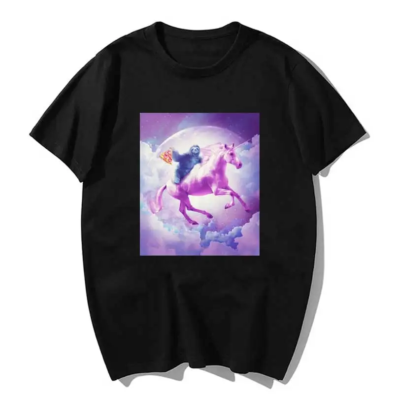 

Sloth Space Riding on Flying Unicorn with Pizza Women's Harajuku Love Feminina Ladies Ulzzang Cotton TShirts Women Femme Clothes