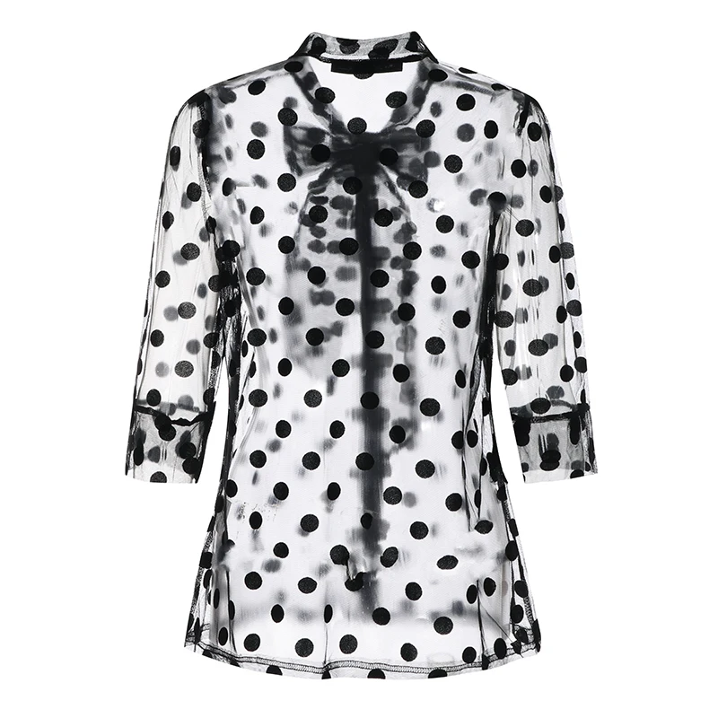 Celmia Summer Women Blouses Transparent Mesh Shirts 3/4 Sleeve Buttons Tops Bow Tie Polka Dot Blusas Femininas Plus Size