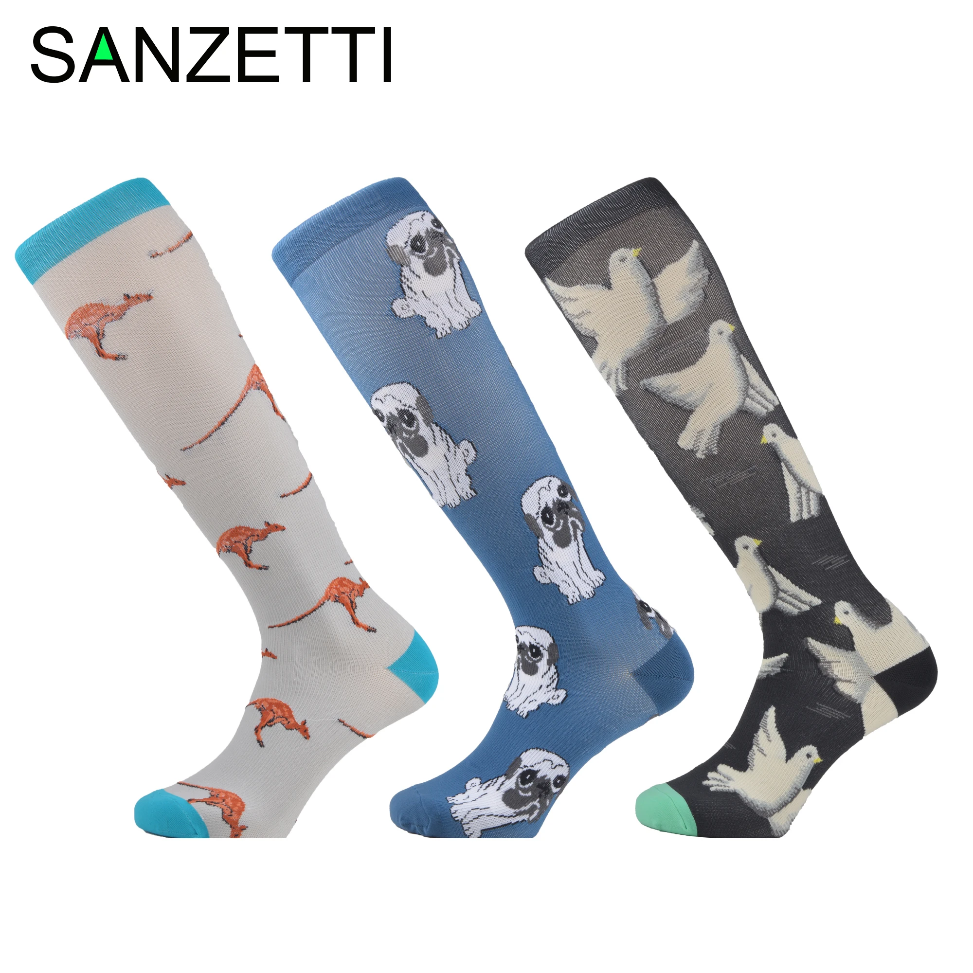 SANZETTI/3 пары в партии, женские эластичные компрессионные хлопковые носки с животным рисунком, гольфы ниже колена, Длинные Веселые носки с защитой от усталости