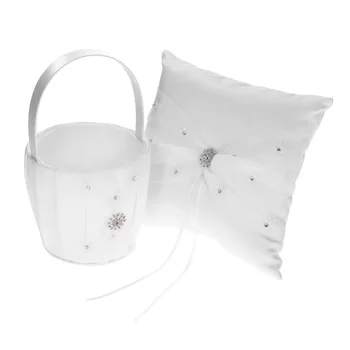 

New Wedding Decoration 7x7 inches White Satin Rhinestone Decorated Ring Bearer Pillow and Wedding Flower Girl Decor Basket Set