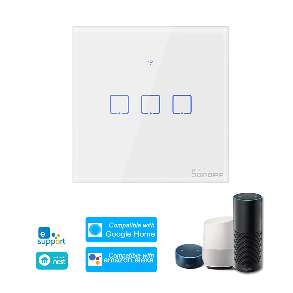 

SONOFF 1/2/3 Gang Smart WiFi Wall Light Switch APP/Touch Control Home Automation Compatible with Google Home/Nest & Alexa