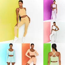 Conjunto de calças de ginástica feminina, roupas esportivas de ginástica, top com manga longa, ideal para academia e ioga