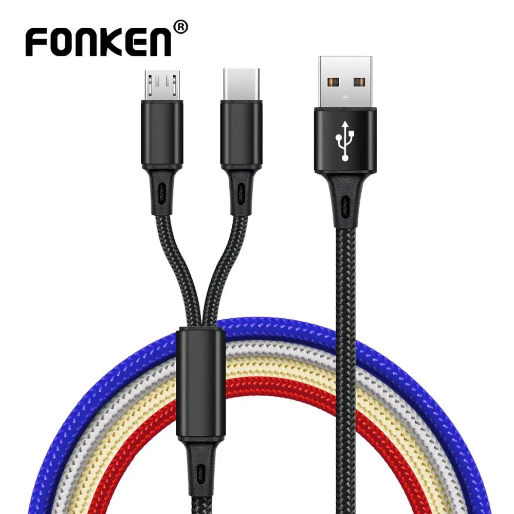 

FONKEN 2 in 1 Micro USB Type C USB Cable Car Phone Charger Separate Charging Cord Nylon Durable Charge for Android Mobile Cables