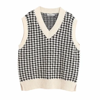 

Stylish Chic Houndstooth Plaid Sleeveless Sweater Women Fashion V-Neck Pullovers Elegant Ladies Casual Jumpers