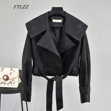 FTLZZ осенние женские Куртки из искусственной кожи короткое пальто отложной воротник пояс шнуровка мотоцикл черный панк красный пальто женская верхняя одежда