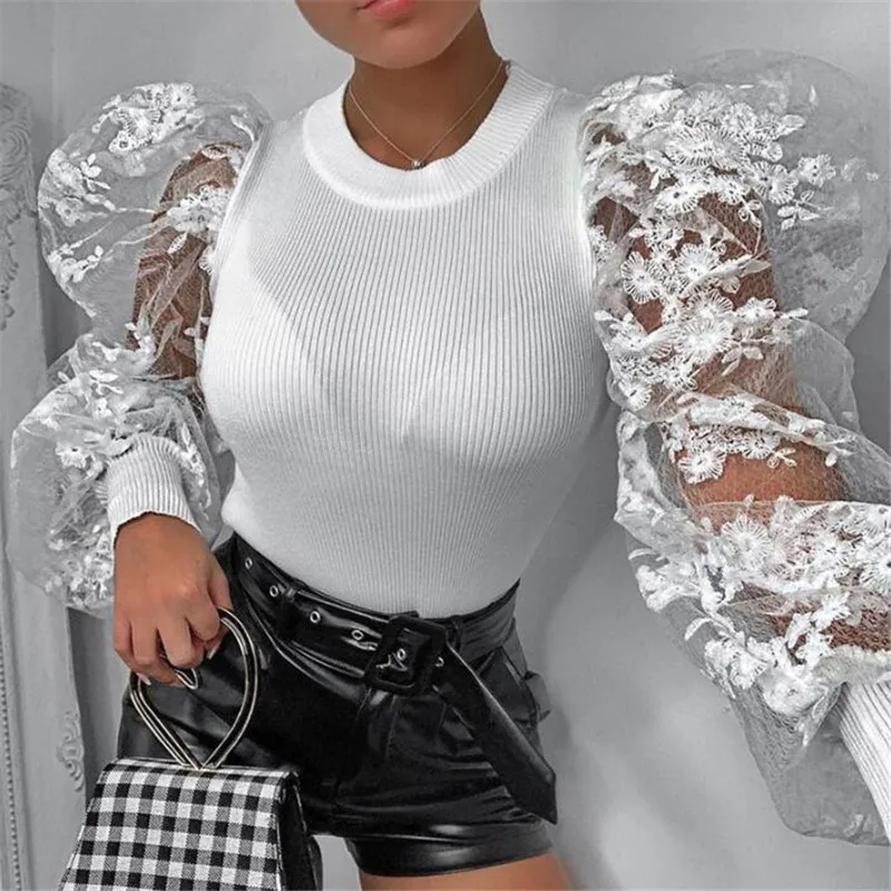 

Sexy See-Through Lace Patchwork Mesh Shirt Elegant Women Ribbed Knitted Slim Blouse Top Spring Puff Long Sleeve Blusa Mujer 2020