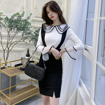

2019 Autumn New women Elegant Casual OL Office Wear Two piece Suits Set Flare Sleeve Shirt + Bodycon Strap Skirt 2 Piece Set