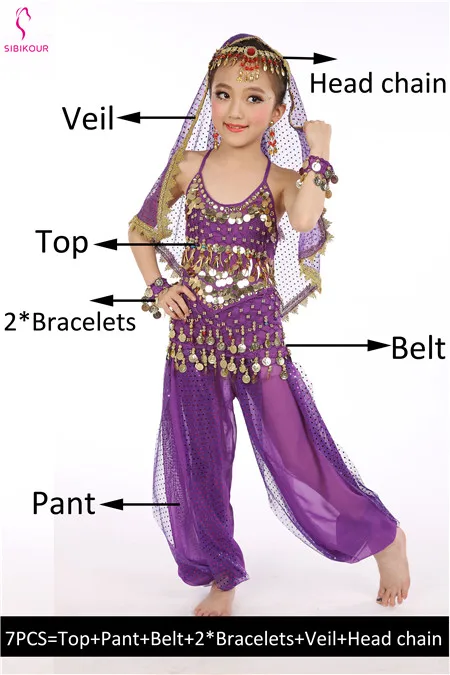 Purple 7pcs Детский набор костюма для танца живота Восточные Танцевальные костюмы для девочек Египетский Болливуд индийский танец живота одежда Индия 8 цветов - Цвет: Purple 7pcs
