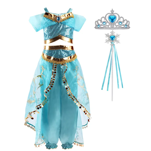 Girls Jasmine Dress Arabian Princess Costume Kids Birthday Party Christmas Fancy Dress Baby Jasmine Cosplay Costume 3-10 Years Dress and set n