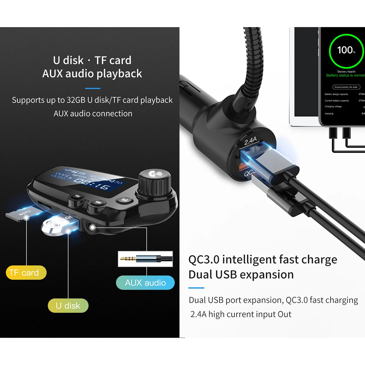BT автомобильное зарядное устройство QC 3,0 Dual USB Автомобильные зарядные устройства MP3 музыкальный плеер автомобильное зарядное устройство автомобильный беспроводной комплект громкой связи fm-передатчик с микрофоном