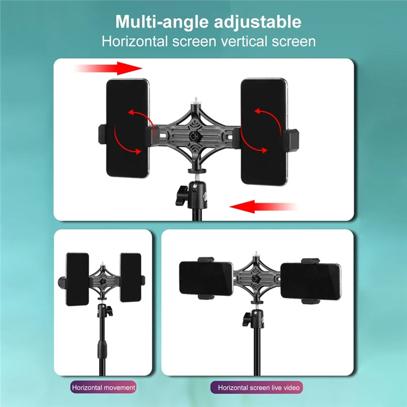 Светодиодный кольцевой светильник для двух сотовых телефонов, набор штатива с регулируемой высотой, двухцветный светильник для фотостудии с 2 держателями для телефона
