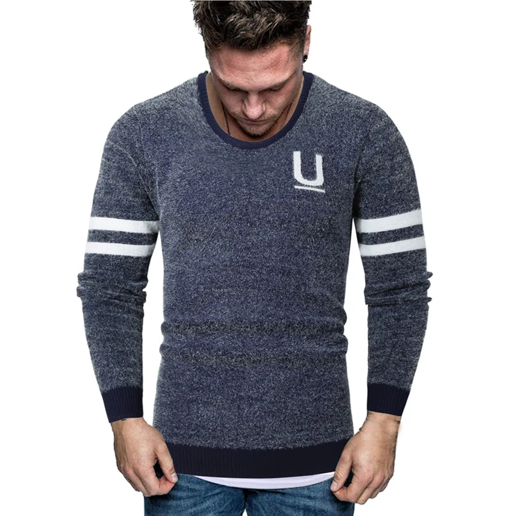 Men's Fashion Suede Stitching Sweater Men Head Round Neck Casual Sweaters Men's Stitching Round Neck Pullover Sweater