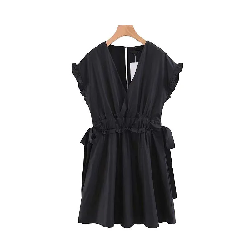 

Women V Neck Black Short Dress Ruffles Bow Tie Sashes Elastic Waist Short Sleeve Sweet Dresses Solid Tide Chic Mini Dress