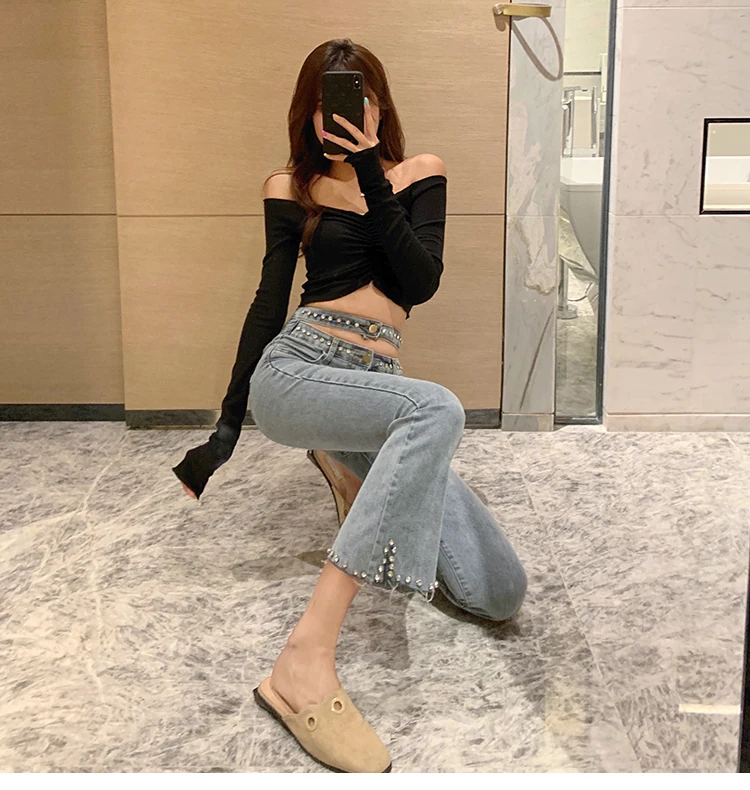 Fashion Pants Women Slim Joker Pencil Pants Autumn New Temperament Embroidered Flares Diamond High Waist Flare Pants,A335