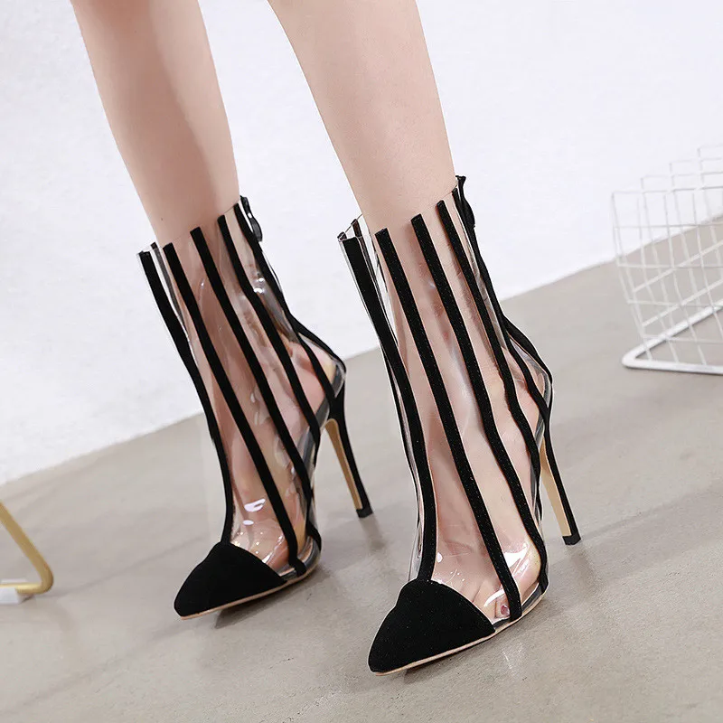 

Personality PVC Jelly Sandals Pointed-toe Striped High Heels Summer Women Shoes Thin Heel Transparent Ankle Boots Big Size 42