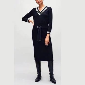 

Runway Elegant V-Neck Women Office Dress Striped Female Loog Sleeve Draswtring Sashes Knitted Vestidos Split Ladies Midi Dress