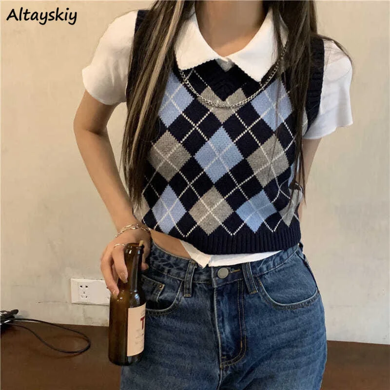 Sweater Vests Women Argyle Crops Knitted Feminine Simple V