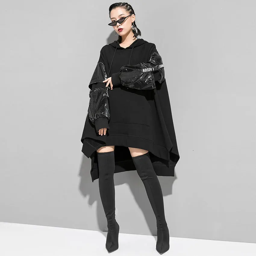 QING MO Black Women Hooded Sweatshirt Women Winter Irregular Sweatshirt Female Streetwear Loose Sweatshirt ZQY2137