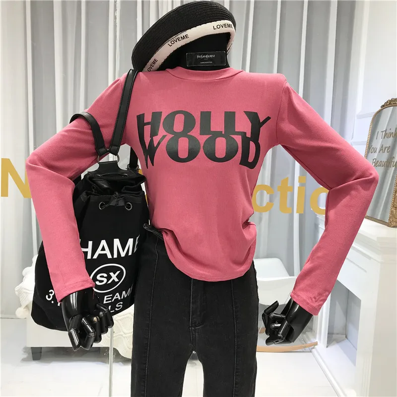 Holly wood, женские рубашки, тонкая футболка, женская уличная одежда с круглым вырезом и буквенным принтом, корейская мода,, srping, длинный рукав