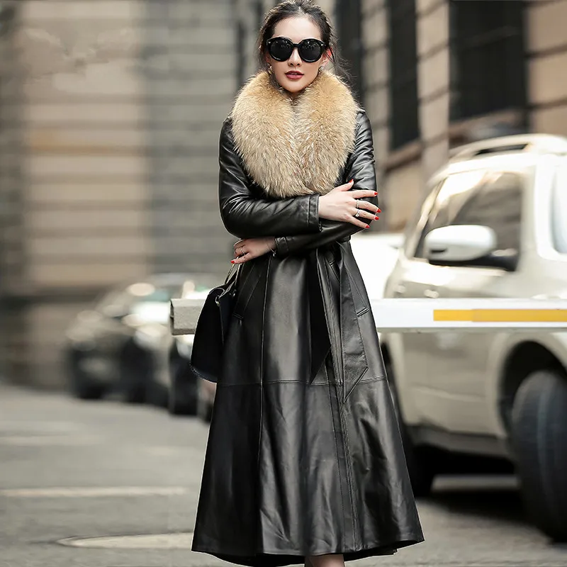black-down jacket AYUNSUE кожаная куртка, зимнее пальто, женский длинный пуховик, натуральный мех енота, воротник из натуральной овчины, Женская ветровка - Цвет: black-down jacket