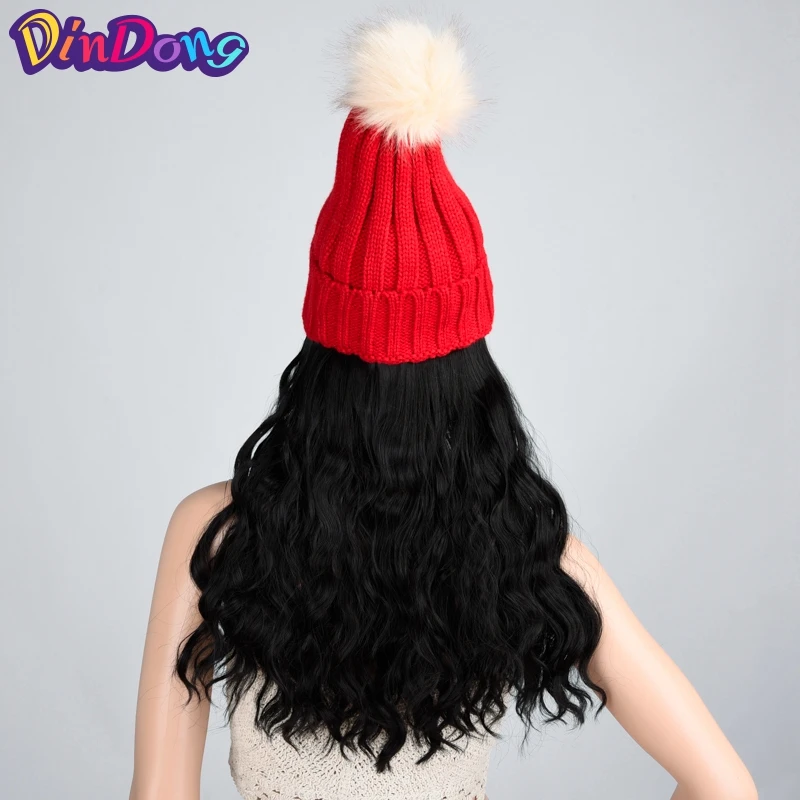 DinDong наращивание волос с остроконечным колпачком синтетические 24 ''натуральные волнистые волосы с вязаная шапка зима теплая