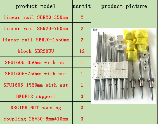 350-750-1550 3 оси 4aixs 20 мм линейная рельсовая линейная направляющая SBR20 и 16 мм шариковый винт SFU1605/1610 Набор для ЧПУ - Цвет: 350-750-1550