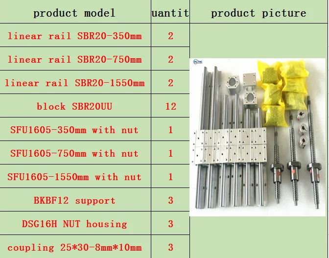 3 оси 4aixs 20 мм линейная рельсовая линейная направляющая SBR20 и 16 мм шариковый винт SFU1605/1610 Набор для ЧПУ - Цвет: 350-750-1550