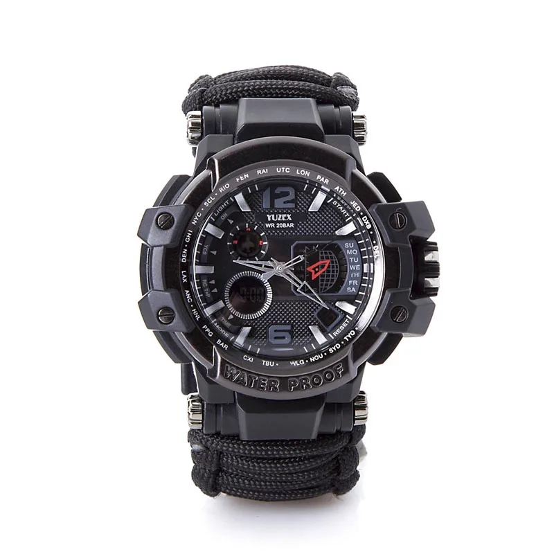 Black QMXD многофункциональные часы для кемпинга, часы для выживания, компас, термометр, спасательная веревка, Паракорд, браслет, оборудование, набор инструментов - Цвет: Black