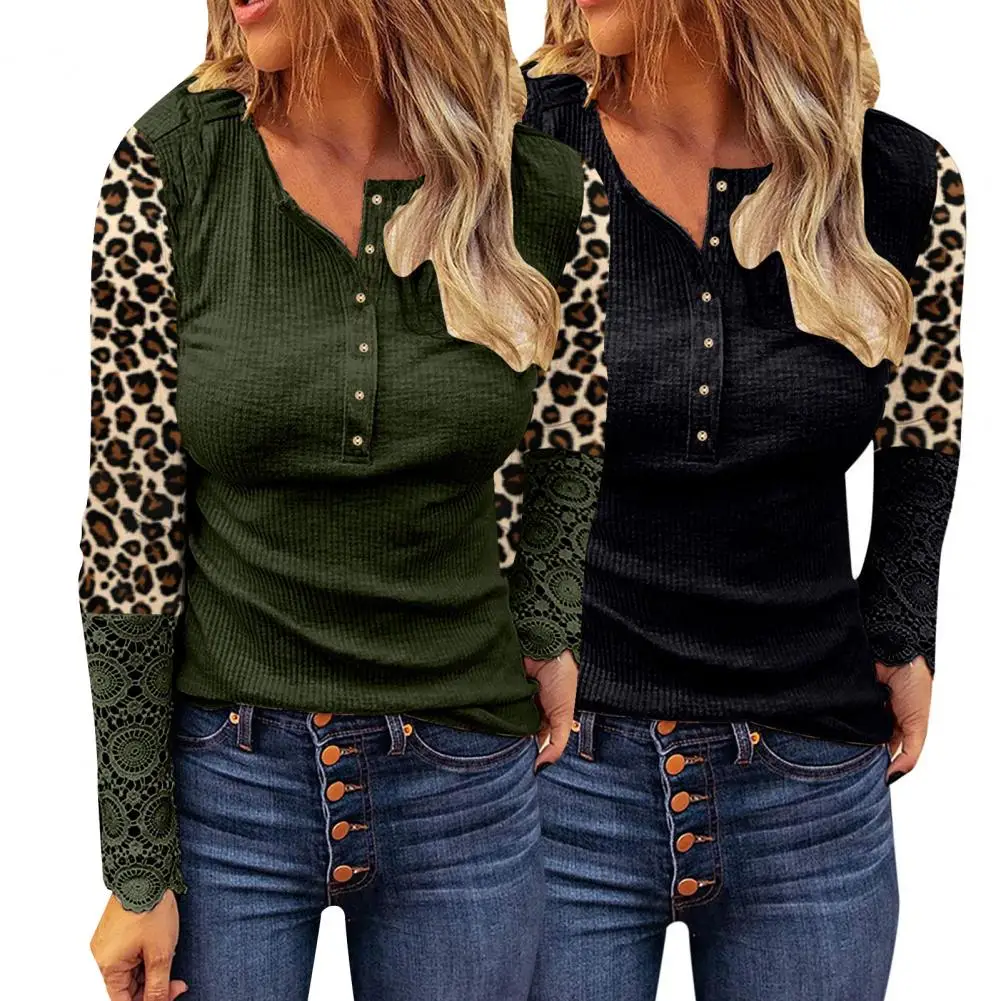 Buttons Decor Soft Color Block Lace Stitching Sleeve Blouse for Home