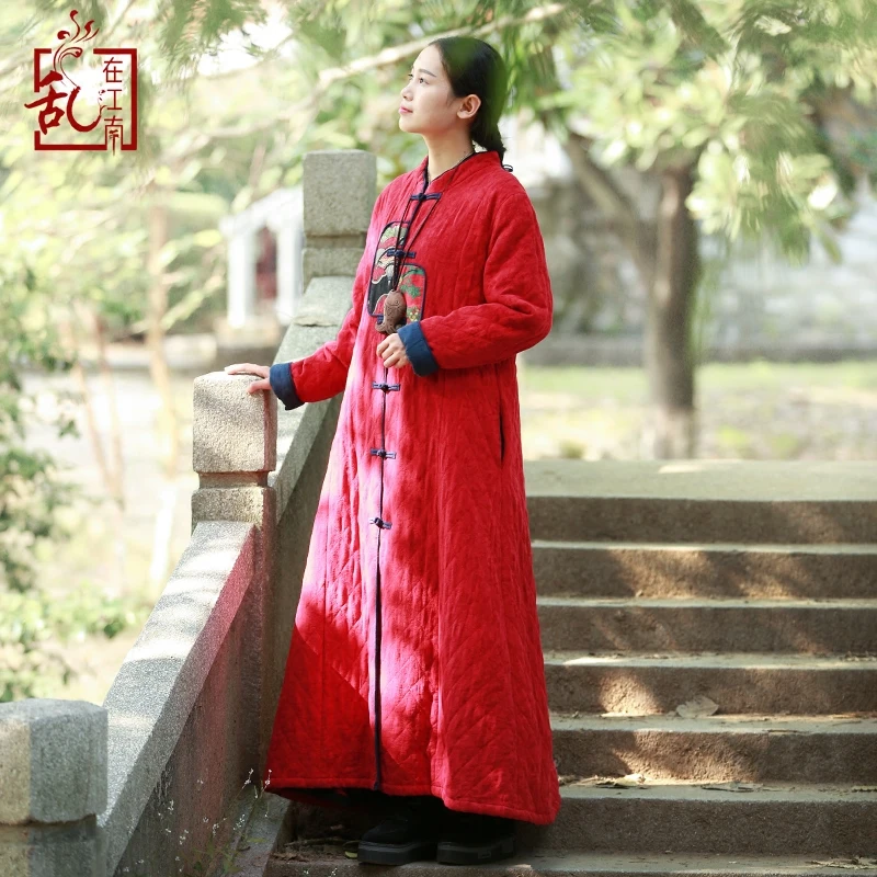 

LZJN Original Quilted Maxi Coat Autumn Winter Long Sleeve Vintage Robe Split Chinese Style Patchwork Red Padded Coat