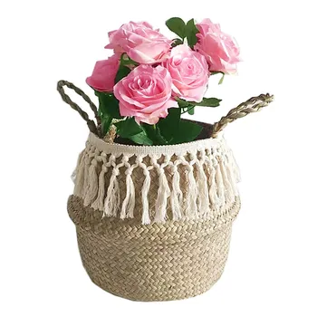 

Mini Bamboo Storage Baskets Foldable Laundry Straw Patchwork Wicker Rattan Seagrass Belly Flower Pot Planter Handmade Basket#W