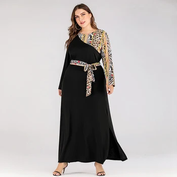 

Siskakia Long Sleeve Dresses Plus Size Leopard printed Patchwork Maxi Dress Sash Side Split Big Size Women Clothes Spring 2020