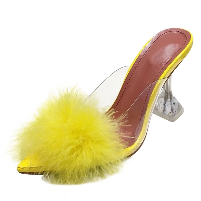 

My-Love Summer Pumps PVC Transparent Feather Perspex Crystal High Heels Fur Peep Toe Slippers Ladies Slides Woman Shoes