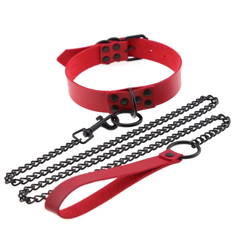 Slave PU Leather Collar Traction Rope Punk Gothic Wind Sexy Rivet Alternative Metal Fashion Necklace For Women
