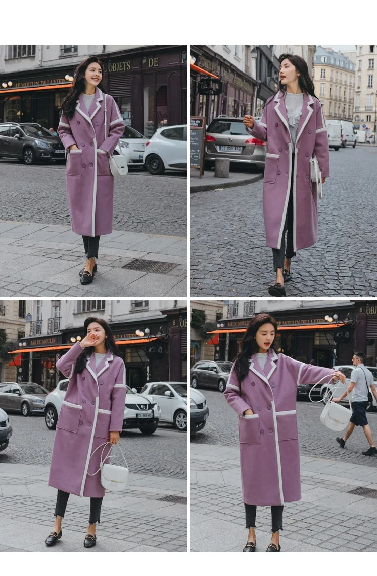 Фотосессия корейский стиль Ulzzang розовато-фиолетовый контрастный цвет элегантный Ol костюм воротник шерстяной пиджак женский двубортный шерстяной