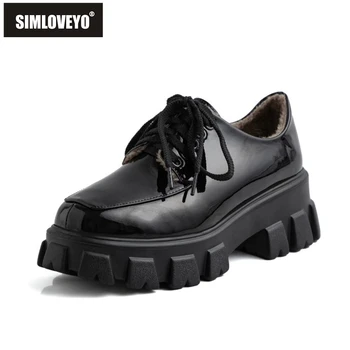 

SIMLOVEYO Woman Winter Fashion Warm Flats Round Toe Thick bottom patent Leather Cross-tied Platform size 34-39 Casual B1792