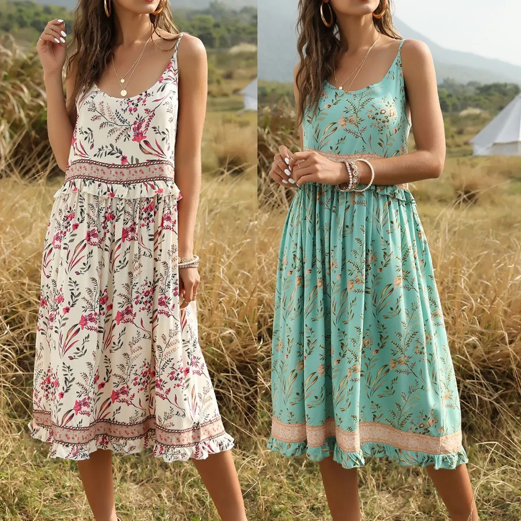 Богемное платье с цветочным принтом женское летнее сексуальное на бретельках