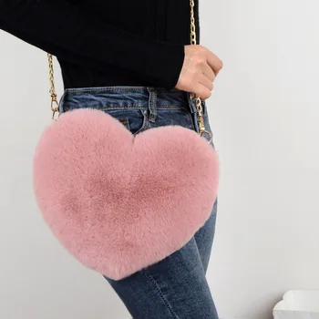 

Woman rabbit fur Heart-shaped cosmetic bag Golden chain Colorful Furry clutch simple fashion highgrade luxury bag Phone bag m02