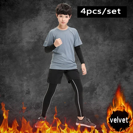 velvet gray 4pcs Детские компрессионные штаны для бега для мальчиков; комплект с рубашкой; survetement; спортивные штаны для футбола; леггинсы; Бархатные костюмы - Цвет: velvet gray 4pcs