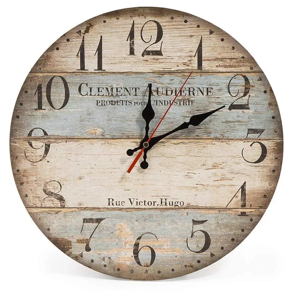 Home 12 Inch Silent Vintage Wooden Round Wall Clocks Arabic Numerals Vintage Rustic Chic Decor Mechanic Wall Clock Living Room 