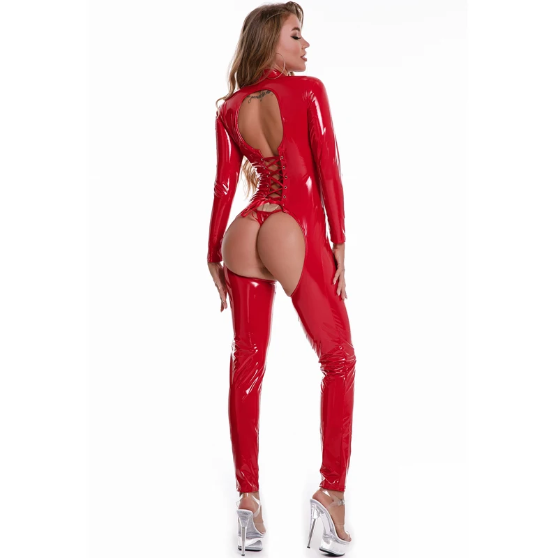 Shiny PVC Open Crotch Jumpsuits Women Sexy Hollow Out Erotic Bodysuit Latex Crotchless Rompers Porn Club Faux Leather Catsuit