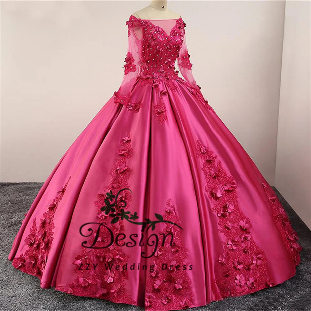 

Fuchsia Evening Party Dresses Long Sleeves Lace-up Back Lace Applique Beads Flowers Satin Evening Prom Dresses