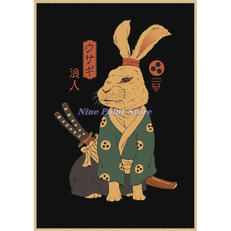 flower wall decals Japanese Samurai Cat Ramen Kraft Paper painting posters Home Decor Art Decor HD quality Cartoon Painting animal nursery wall stickers