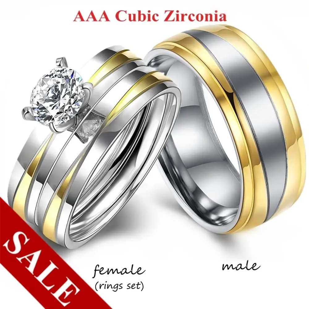 Anillos de boda de cristal para hombre y mujer, joyas de acero inoxidable doradas, a la moda, para amantes, regalo de joyería