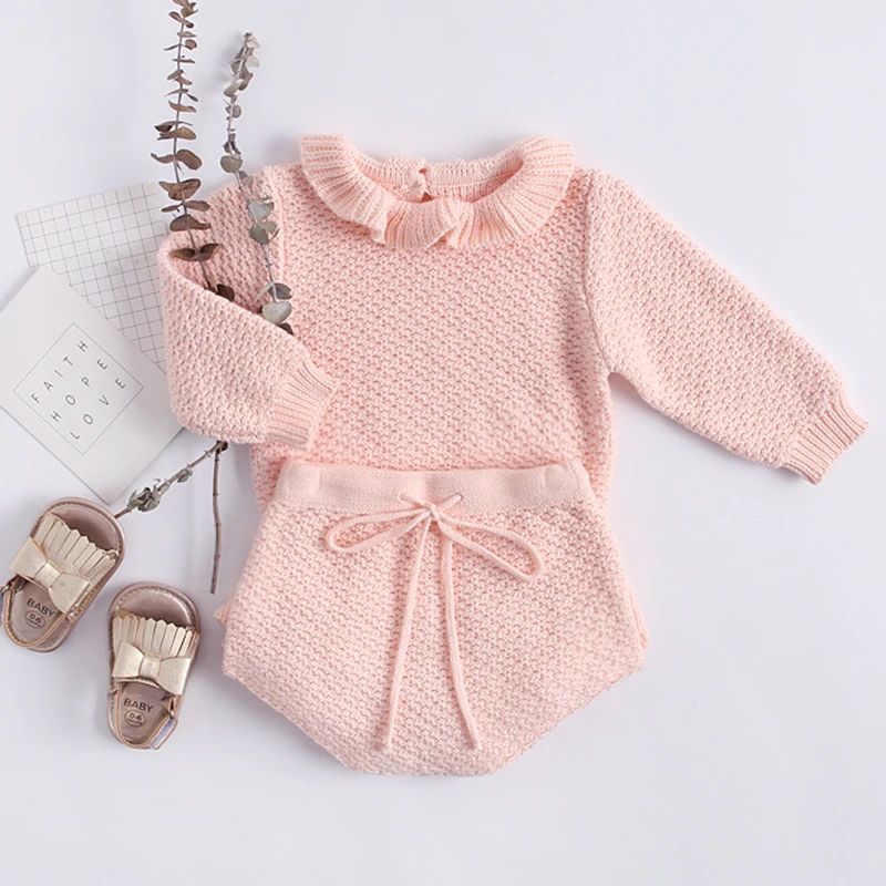 Autumn Pink Knitted Suits Long Sleeve Sweater+pp Short 2pcs Kids Suits