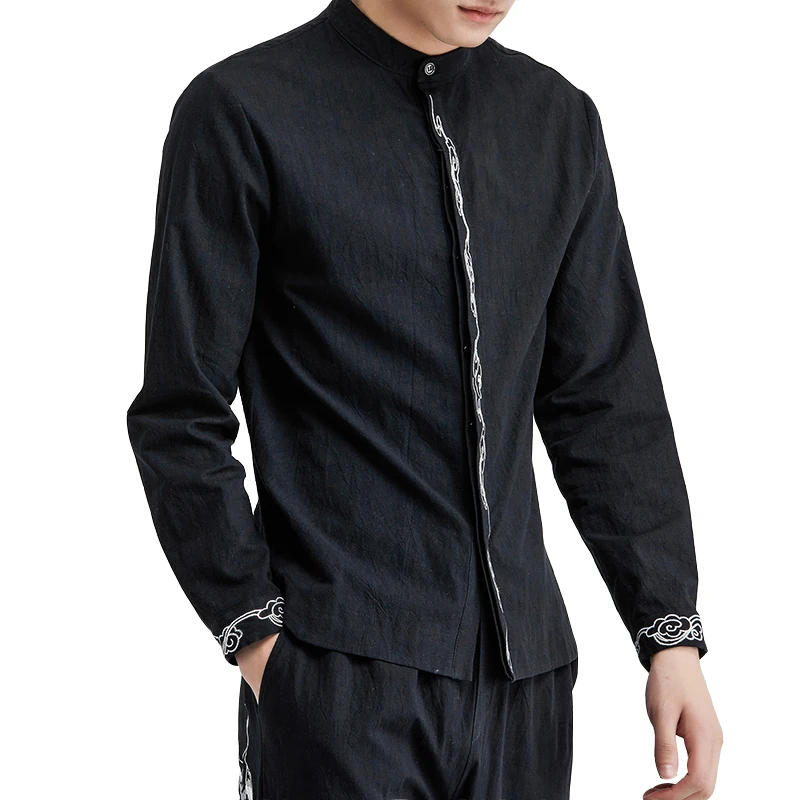 

Chinese style han dress shirt national wind auspicious cloud embroidery print stand collar luxury men's pure color
